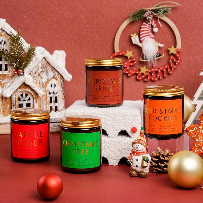 Christmas Candle Set | 4 Pack Scented Candles for Home | Holiday Gifts for Women & Men | Soy Candles with Scents of Christmas Tree, Cookies, Spices & Apple Cider
