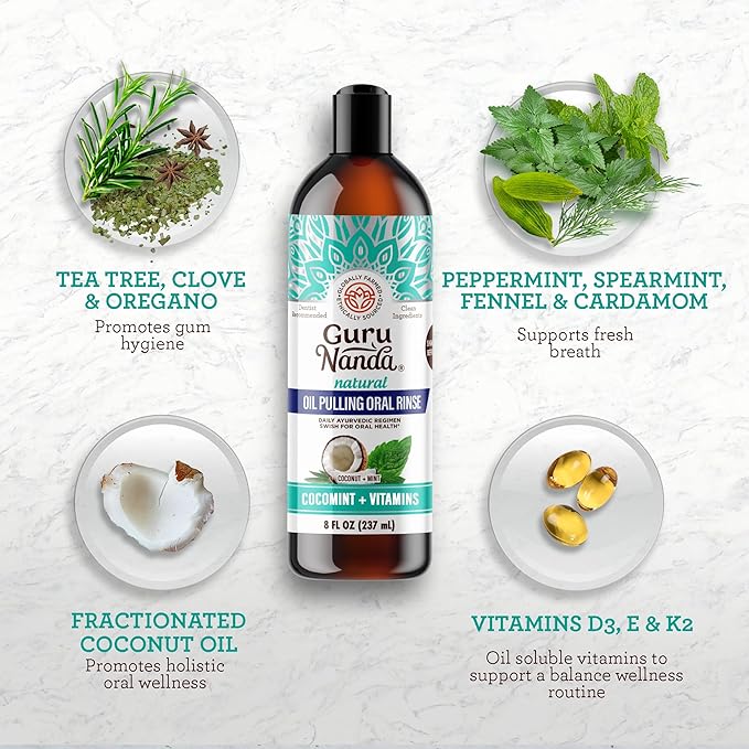 GuruNanda Coconut & Mint Oil Pulling with Tongue Scraper & Teeth Whitening Strips - 7 Treatments with 14 Strips - Enamel-Safe Strips for Sensitive Teeth