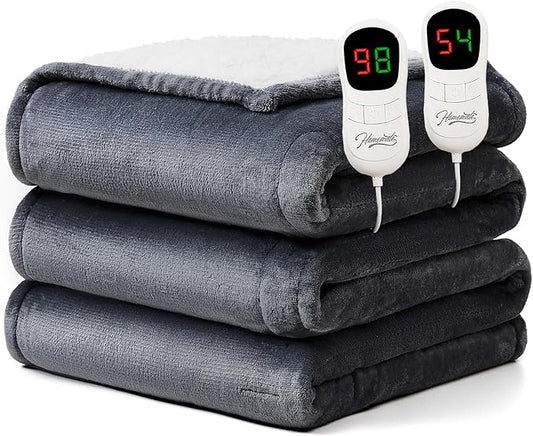 Homemate Electric Heated Blanket Queen Size - 84"x90" Heating Blanket Queen Size Dual Control 1/2/4/6/8 Hours Auto-Off 10 Heat Level Over-Heat Protection Flannel Sherpa ETL Certification