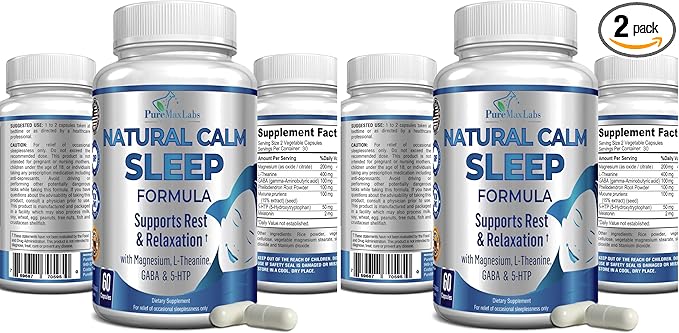 Natural Calm Sleep Aid with Magnesium, L-Theanine, Melatonin, GABA, 5-Htp | Sleep Aid | Non-GMO - 60 Capsules (Pack of 2)