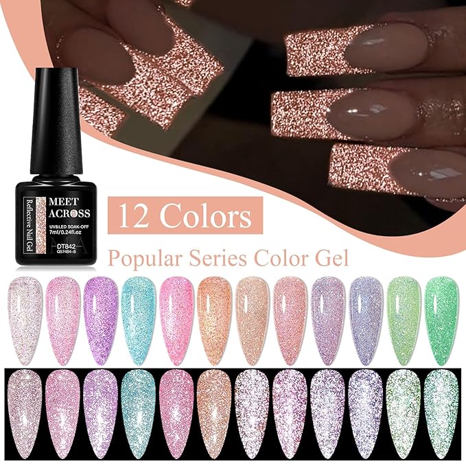 MEET ACROSS Gel Polish Reflective Glitter Gel Nail Polish Set, 12 Colors Holographic Sparkle Glitter Gel, Flash Diamond Gold Red Purple Green UV LED Soak Off Manicure Kit Gift for Women Girls