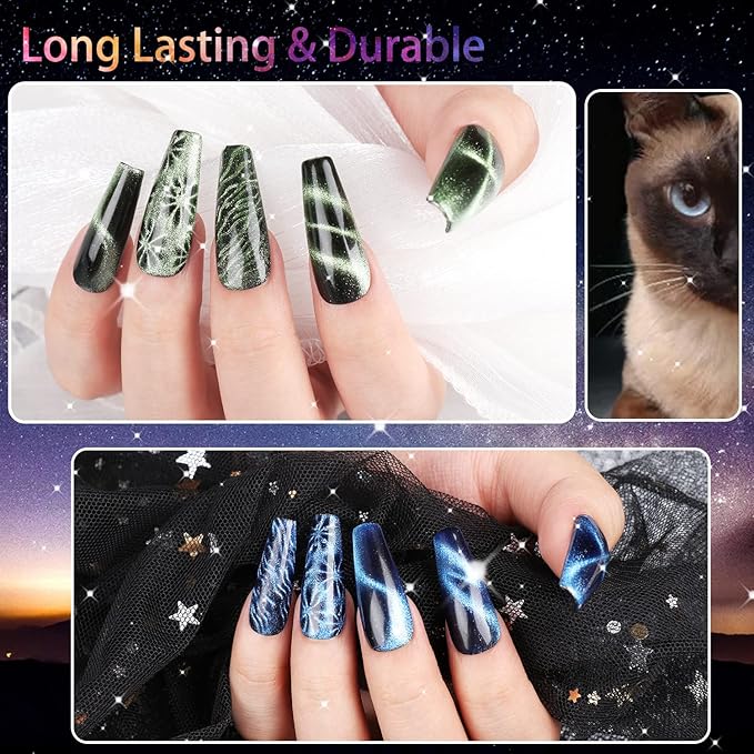 Clara Colors Cat Eye Gel Nail Polish Set of 6 Colors Magnetic Nail Polish Set Holographic Glitter 9D Galaxy Series Cat Eye Gel Polish Set with 1 Magnet Stick for Home DIY Soak Off UV LED