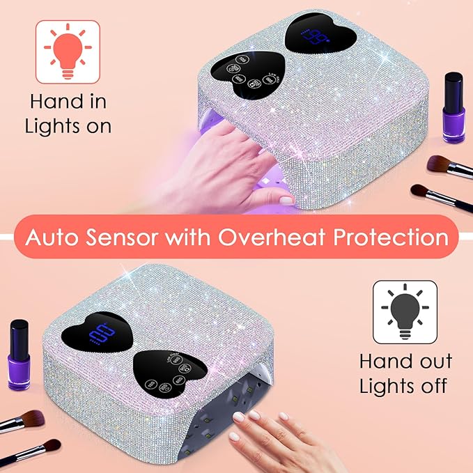 UV LED Nail Lamp Cordless, HUITINE 80W Rechargeable UV Light for Gel Nails, Professional Gel Light Dryer with 5 Timers & Mirror Base, Sparkling Rhinestones Diamond Curing Lamp for Salon & Home