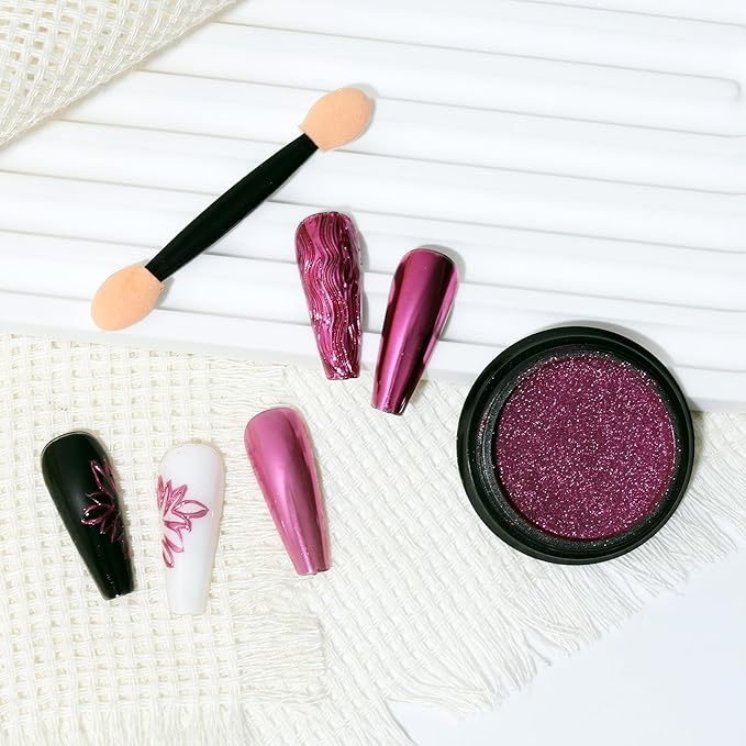 Artdone Chrome Nail Powder, Dark Rose Red Iridescent Aurora Powder Metallic Mirror Effect Pigment Pearlescent Mermaid Pigment Pearl Glitter Dust Kit, Nail Art Decoration, Resin Craft