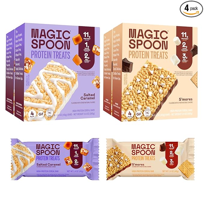 MAGIC SPOON Treats - High Protein Bars, Low Carb, Keto Friendly, 1g of Sugar, Crispy Treat Cereal Bar, On-The-Go Healthy Snack (8 Salted Caramel Bars, 8 Smores Bar)