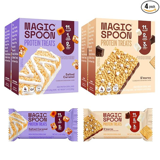 MAGIC SPOON Treats - High Protein Bars, Low Carb, Keto Friendly, 1g of Sugar, Crispy Treat Cereal Bar, On-The-Go Healthy Snack (8 Salted Caramel Bars, 8 Smores Bar)