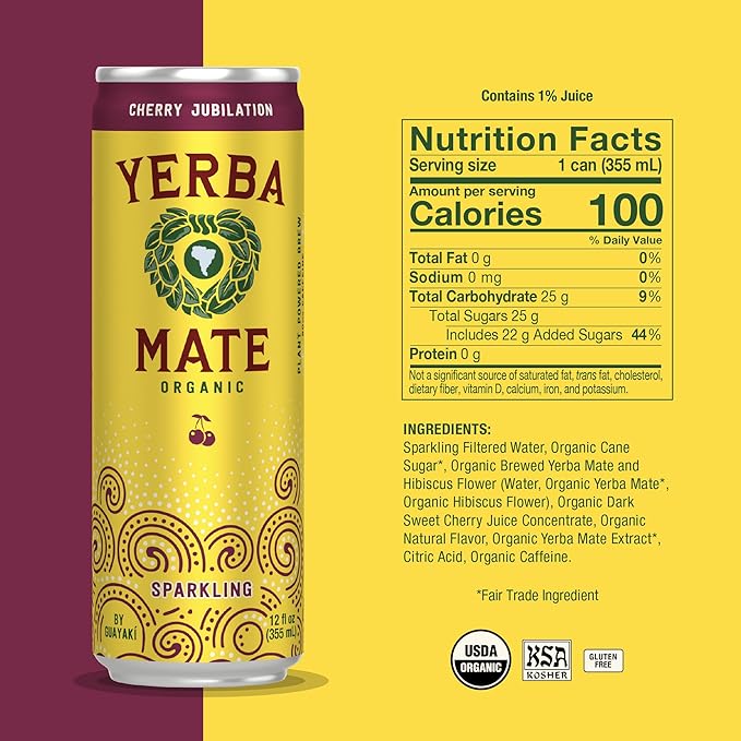 Yerba Madre Organic Sparkling Yerba Mate, Cherry Jubilation, 80mg Natural Plant Based Caffeine, Smooth Energy & Focus, Carbonated, 12 Oz (Pack of 12)