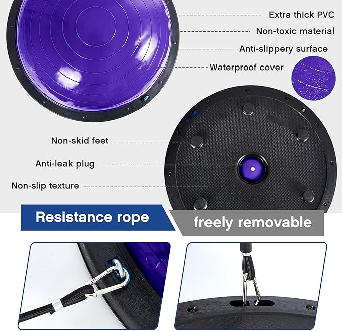 Honoson Half Ball Trainer Yoga Ball with Resistant Band Foot Pump Set, Half Exercise with Fitness Elastic Belt Hedgehog Balance Pods for Core Stability Full Body Workout Gym