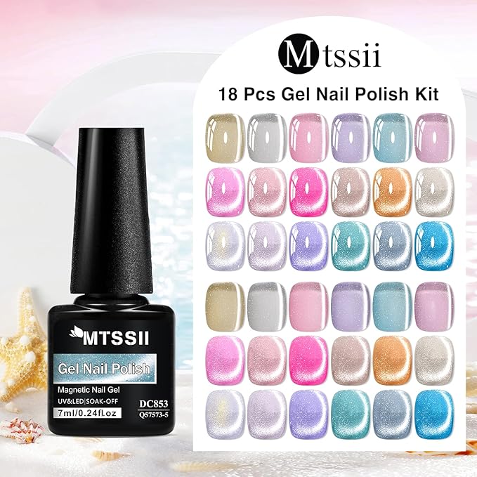 MTSSII Jelly Cat Eye Gel Nail Polish Set, 18 Colors Rainbow Glass Sea Spirit Magnetic Gel Polish Kit with Magnet Pink Blue Purple Grey Glitter Cateye Nail Polish Salon Manicure Nail Art DIY at Home