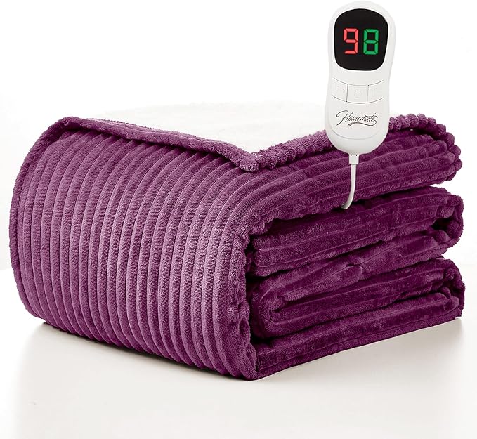 Homemate Heated Blanket Electric Throw - 50"x60" Heating Blanket Throw 1/2/4/6/8 Hours Auto-Off 10 Heat Levels Over-Heat Protection Soft Flannel Sherpa ETL Certification
