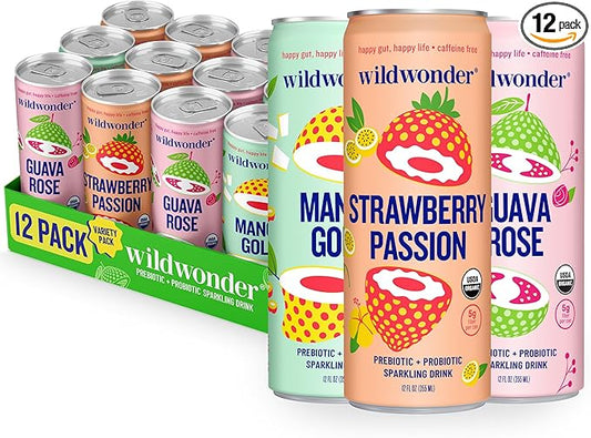 wildwonder Sparkling Probiotic Drink 12pk, For Gut Health & Immune Support, Tropical Vibes Variety, 5g Prebiotic Fiber, Live Probiotics, Organic, Vegan, Low Sugar, 12Pack, 12oz Can, Seen on Shark Tank