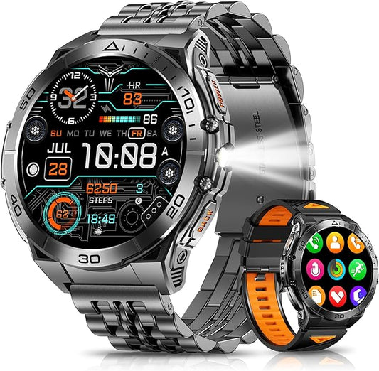 Military Smart Watch for Men with LED Flashlight, 1.60″ AMOLED Always-On Display, 600mAh (5–10 Days), Bluetooth Call, IP68 Waterproof, Heart Rate/Sleep/SpO₂, 170+ Sports Modes, for Android iPhone
