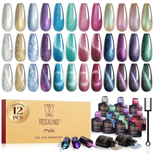 ROSALIND Cat Eye Gel Nail Polish with Magnet, 12 PCS Holographic Glitter Purple Blue Red Gel Polish Magnetic and Swirl Shell Thread Effect Sparkle Nail Polish Christmas Cateye Gifts for Women