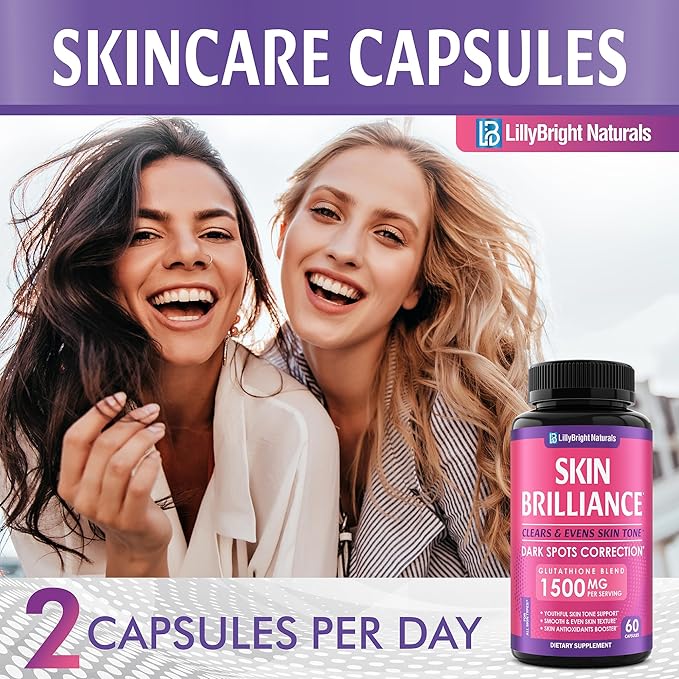 Glutathione Capsules - 1,500mcg L-Glutathione Supplement with Vitamin C - Skin Tone Enhancer - Targets Dark Spots & Acne Marks - Potent Antioxidant - 60 Skin Pills