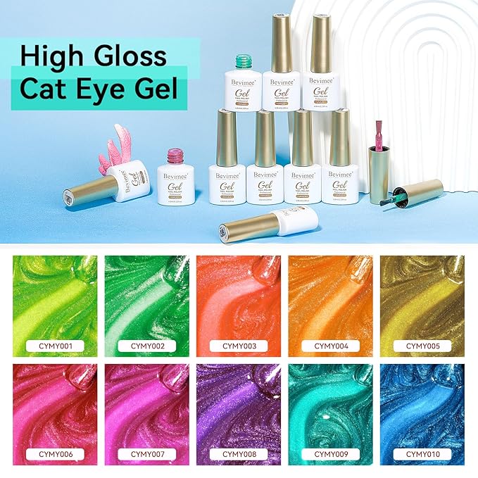 Glitter Cat Eye Gel Nail Polish 10 Colors Magnetic Gel Polish Kit with Magnet Stick Shimmery Glitter Colors Pink Yellow Blue Salon DIY Nail Art Salon Home Manicure Women