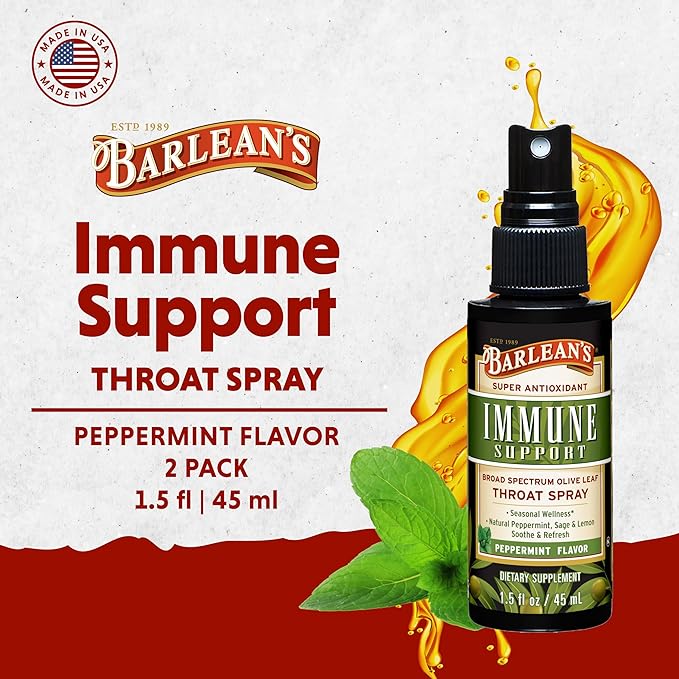 Barlean's 2 Pack Olive Leaf Complex Throat Spray with Peppermint, Lemon, and Sage for Itchy Throat Relief, Immune Support Supplement, Liquid Blended Extract, 1.5 oz