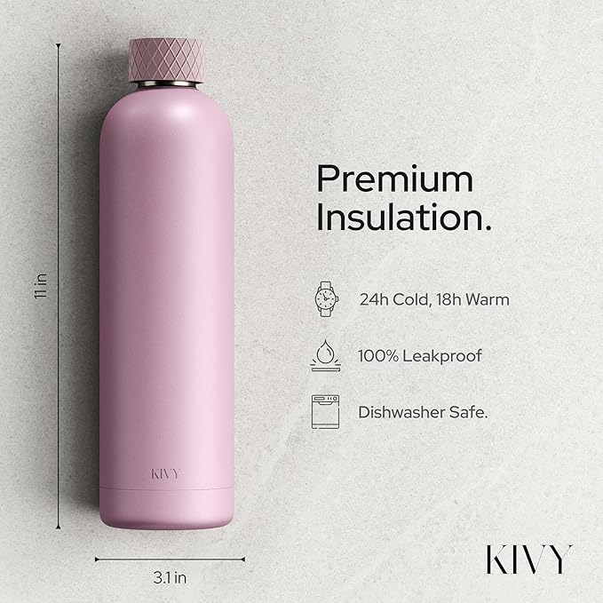 KIVY Stainless Steel Insulated Water Bottle 32oz | Slim Water Bottle for Travel, Car, Gym, Cupholder, Backpack side pocket - Slim water bottle no straw - Skinny water bottle screw top