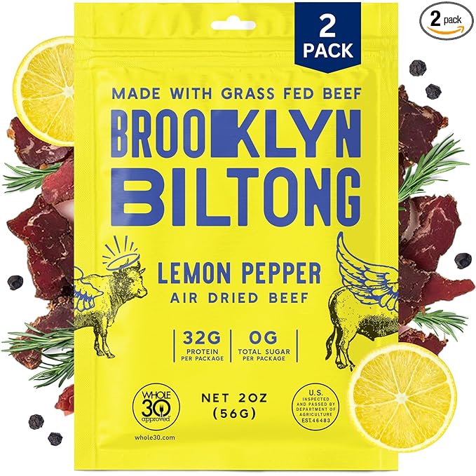 Brooklyn Biltong Air Dried Grass Fed Beef Snack, South African Beef Jerky (2 oz, Pack of 2) - Whole30 Approved, Paleo, Keto, Gluten Free, Sugar Free, Made in USA - (Lemon Pepper)