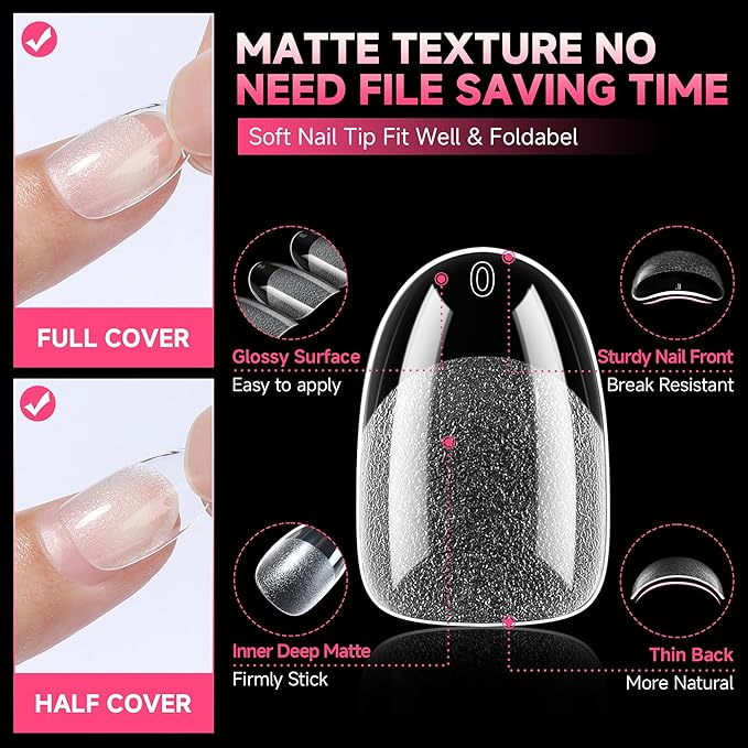 UNA GELLA Oval Round Nail Tips Pre-shaped Half Matte 120pcs Short Oval Round Soft Gel Nail Tips Full Cover Clear Acrylic Fake Nails for Press on Nail Extensions Home DIY Salon 12 Sizes