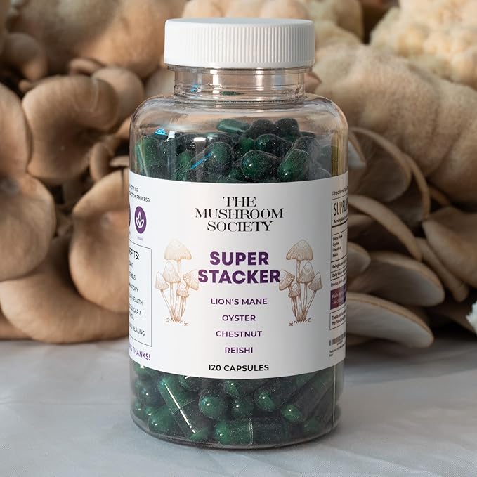 Super Stacker - 4-in-1 Mushroom Supplement Wellness Blend - Lion’s Mane, Oyster, Chestnut & Reishi - Immune, Focus & Daily Vitality - 120 Vegan Capsules