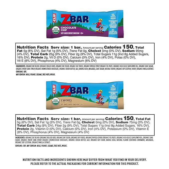 Zbar - Chocolate Chip and S'mores - Variety Pack - Soft Baked Snack Bars - Non-GMO - 11-12g Whole Grains - USDA Organic Granola Bars (18 Pack)
