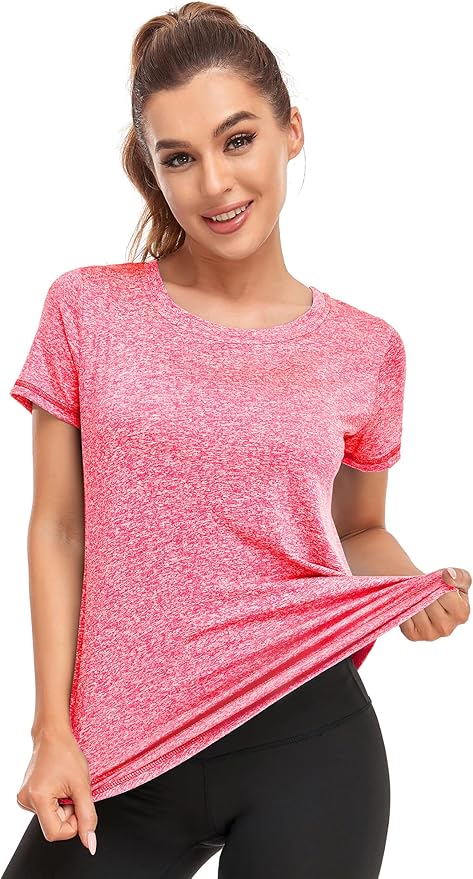 Women's Short Sleeve Workout Shirts Crewneck Sports Yoga Running Dry Fit Tops Side Split Tee