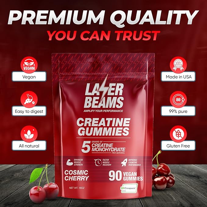 Creatine Monohydrate Gummies for Women & Men - 5g Creapure Creatine per Serving - Vegan, Cosmic Cherry Flavor - Boost Muscle Strength, Endurance, Recovery & Mental Focus (90 Gummies)
