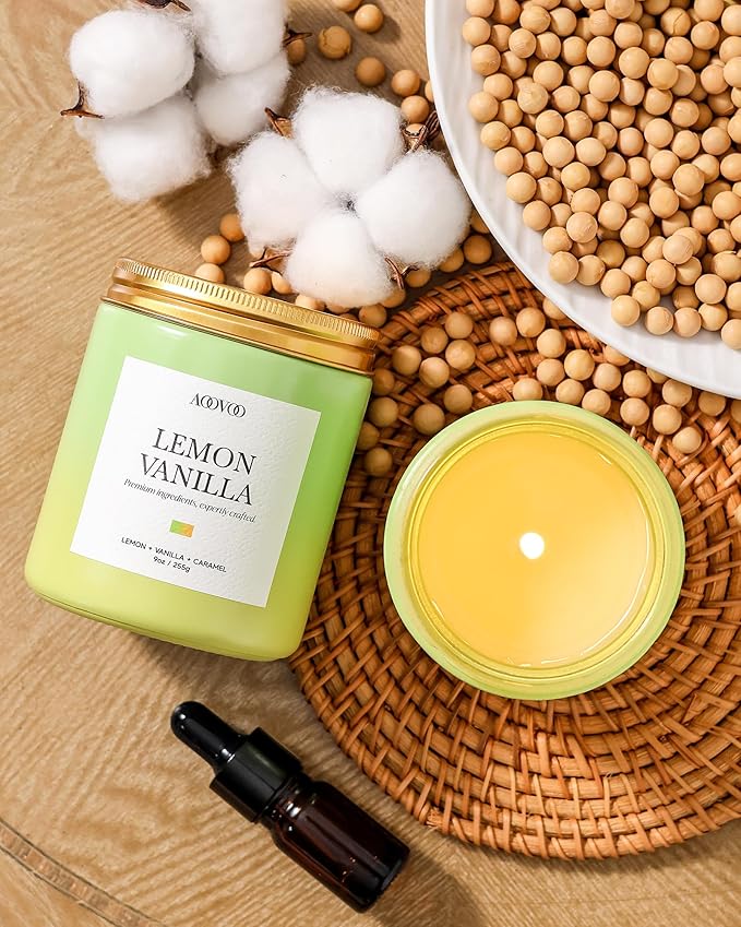 AOOVOO Lemon Vanilla Candles - Scented Candle Gift for Women, 9oz Soy Candle, 50 Hours Burn, Jar Candle for Home Scented, Relaxing, Stress Relief Candles