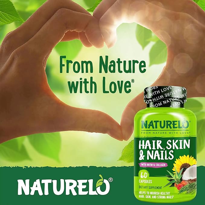 NATURELO Hair, Skin and Nails Multivitamin - 5000 mcg Biotin, Collagen, Natural Vitamin E - Supplement for Healthy Skin, Hair Growth for Women and Men 60 Capsules