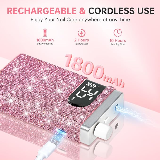 Rechargeable 35000RPM Nail Drill Sparkling Portable Professional Electric Nail File for Acrylic/Gel Nails Professional Nail Tools for Manicure Pedicure, Pink
