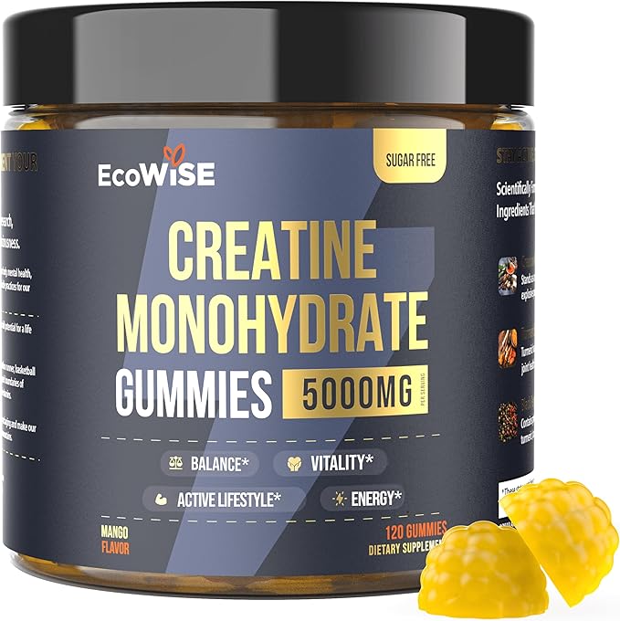 EcoWise Wellness Creatine Monohydrate Gummies 5000 mg, Mango Flavor, Sugar-Free Vegan Chews, Creatine Supplement for Daily Routine