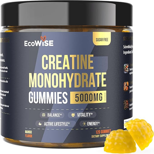 EcoWise Wellness Creatine Monohydrate Gummies 5000 mg, Mango Flavor, Sugar-Free Vegan Chews, Creatine Supplement for Daily Routine