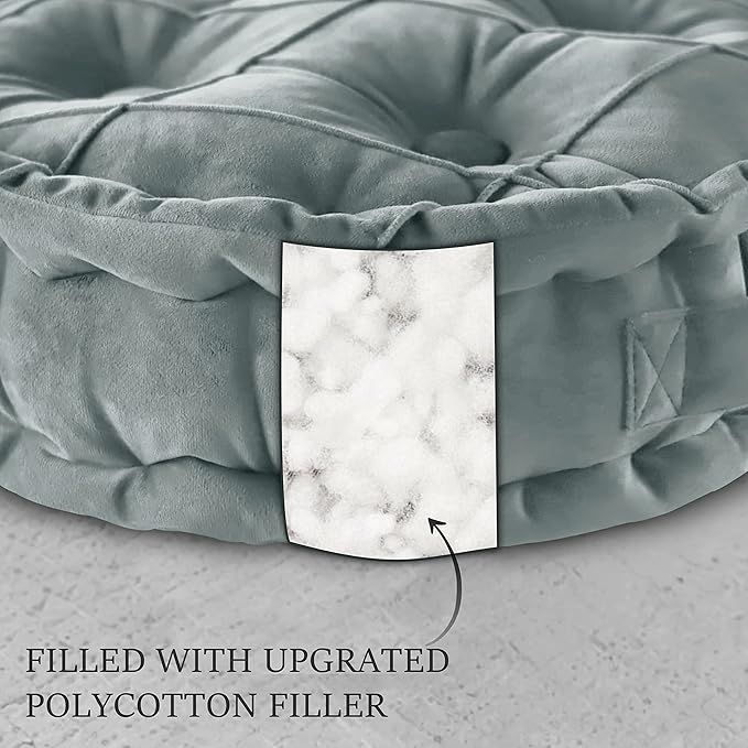 Round Velvet Meditation Cushion Pouf, Soft Tufted Floor Pillow for Living Room and Bedroom, 17.8 inch, Gray