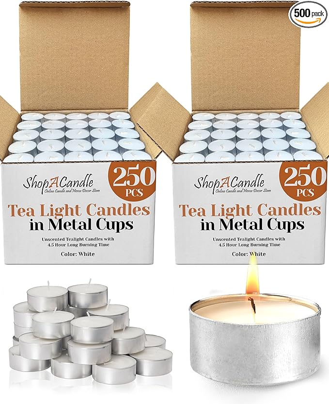 Tea Light Candles in Metal Cups - 4.5 Hours Clean, Long Burning White Unscented Tea Candles - 500 Candles - Votive Bulk for Romantic Dinner, Wedding, Spa & Hotels by PARNOO