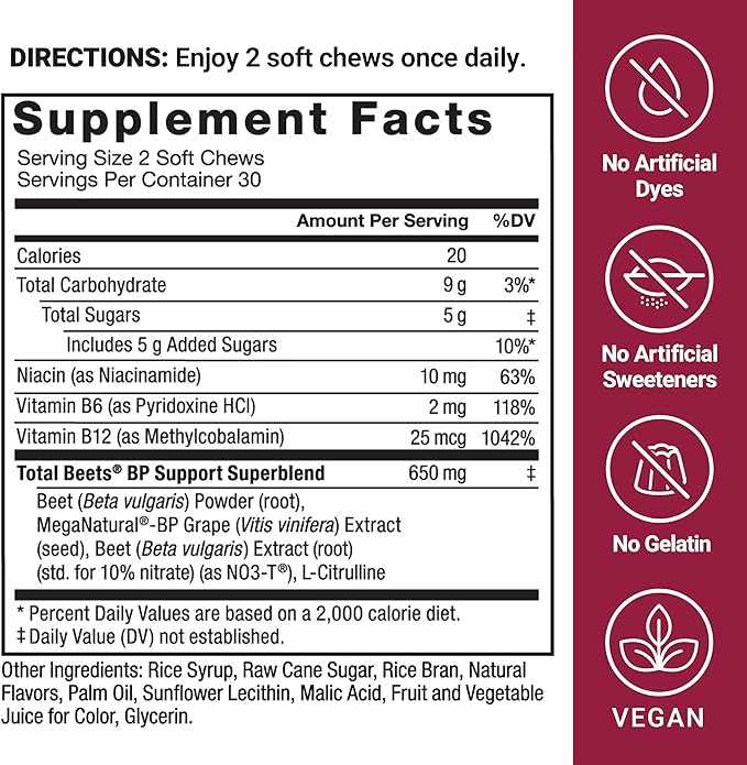 Force Factor Total Beets Blood Pressure Support Supplement with Beets Powder, Great-Tasting Chewables for Heart-Healthy Energy, and Increased Nitric Oxide, 120 Chews, 2-Pack