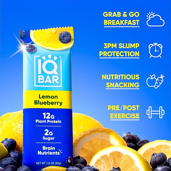 IQBAR Brain and Body Plant Protein Bars - Lemon Blueberry - 12-Count - Keto, Vegan, Low Carb, High Fiber, Gluten Free, Dairy Free, Low Sugar Snack with Nutrients for Focus, Energy, Meal Replacement