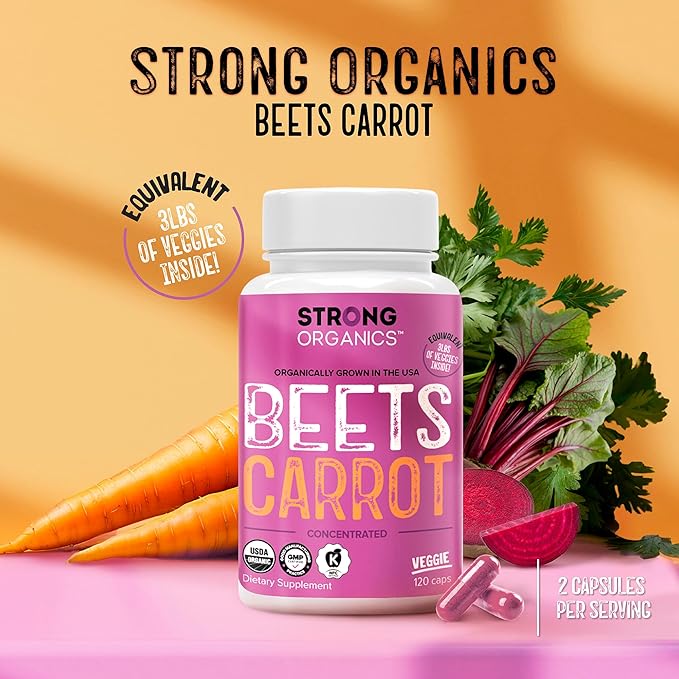 Stong Organics Beet & Carrot Capsules | Potent Nitric Oxide Booster for Circulation, Energy & Heart Health | USA Grown Superfood Blend with 60% Beets & 40% Carrots | 120 Vegan Caps