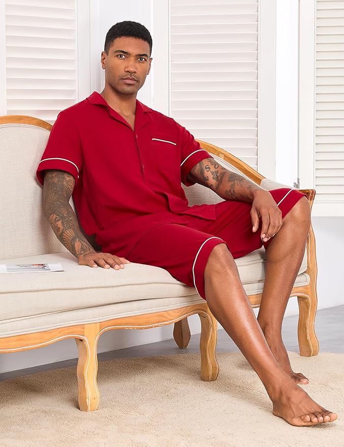 COLORFULLEAF Men's 100% Cotton Short Sleeve Pajama Sets Button Down Notched Collar Sleepwear Soft Lounge Pjs with Pockets