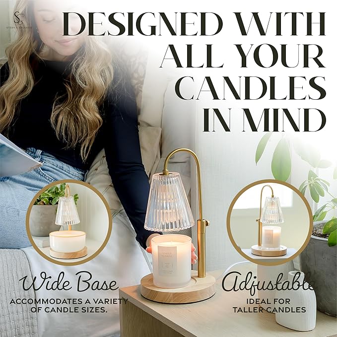 Wood Candle Warmer Lamp with Large Round Base & Adjustable Height, Dimmable Candle Lamp with Timer, Electric Lamp Candle Warmer for Jar Candles, Candle Melter Lamp with 4 Halogen Light Bulbs