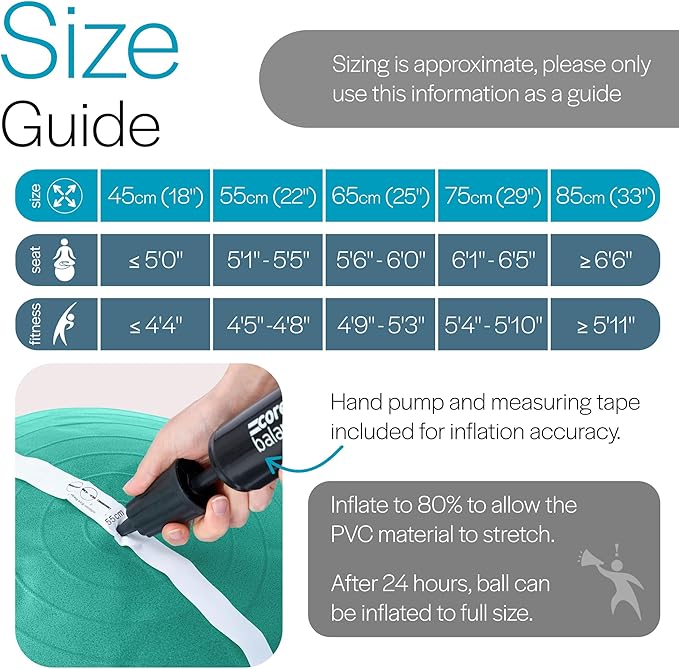 Core Balance Exercise Ball for Workouts, Anti-Burst and Slip Resistant, Swiss Yoga Ball for Pregnancy, Stability, Fitness and Physical Therapy, 4 Sizes, with Pump