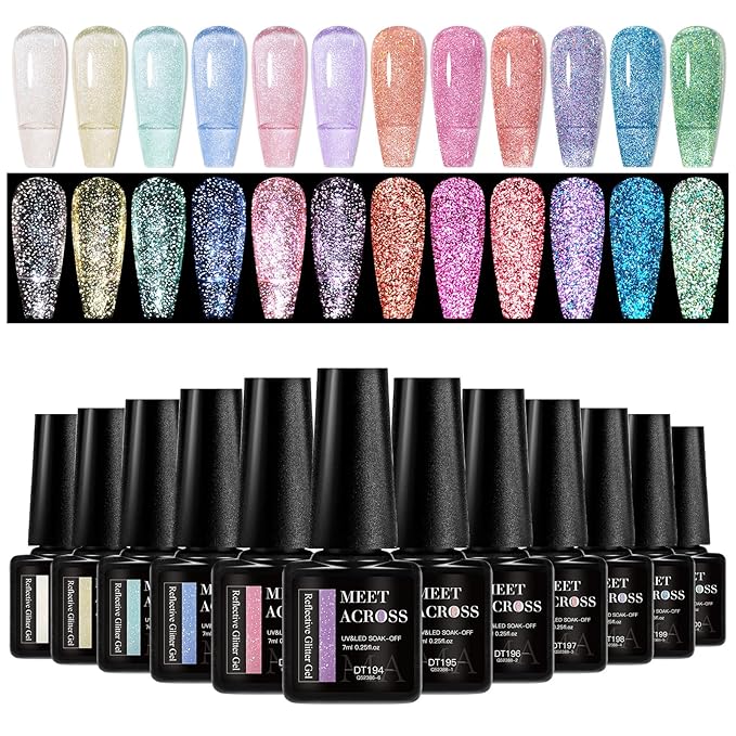 MEET ACROSS Reflective Glitter Gel Polish Jelly Purple Pink Glitter Sparkly Shiny Disco DJ LED Gel Nail Polish Nail Varnish 12PCS