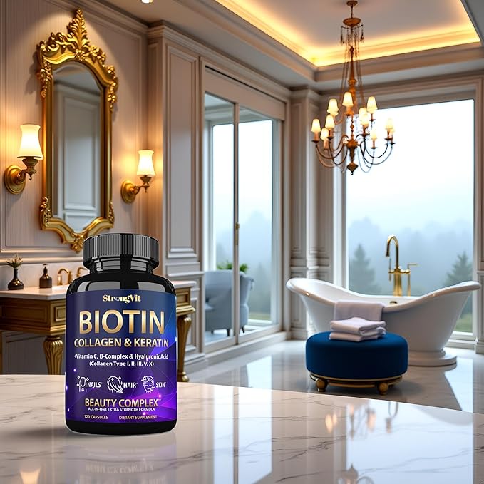 Biotin with Hyaluronic Acid, Keratin, and Collagen Supplements - Hair Growth Vitamins for Women, Healthy Nails and Skin, B1, B2, B3, B6, B7 Complex, USA (120 Capsules)
