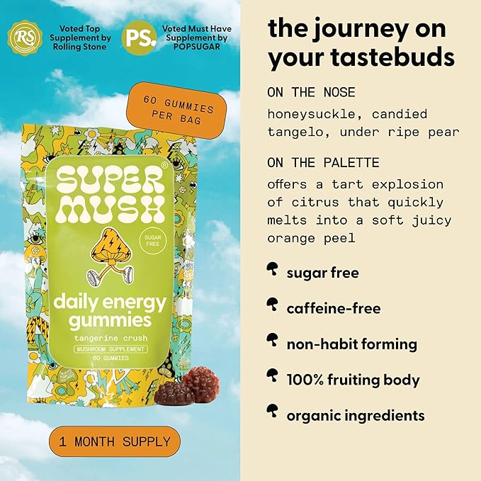 Energy Mushroom Gummies - Organic Lions Mane Supplement with Cordyceps, Rhodiola, L-Theanine, Maca - Vegan & Sugar-Free - Energy, Focus, Stamina, Stress Reduction - 60 Gummies (30 Servings)