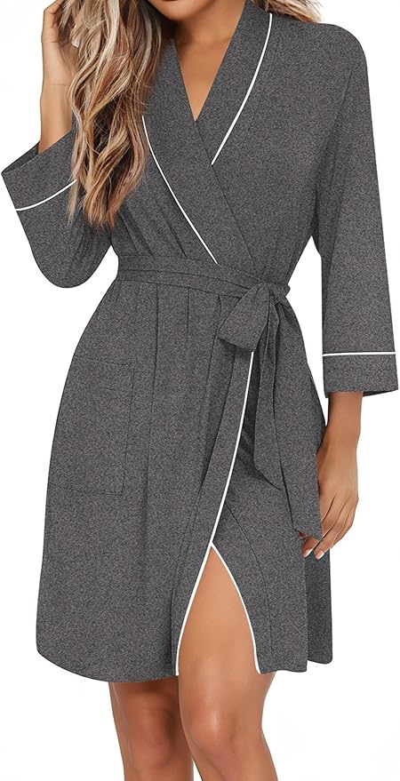 Ekouaer Women Robes Shawl Collar Bathrobe Short Kimono Robe Soft Knit Bathrobes Ladies Sleepwear with Pockets S-XXL