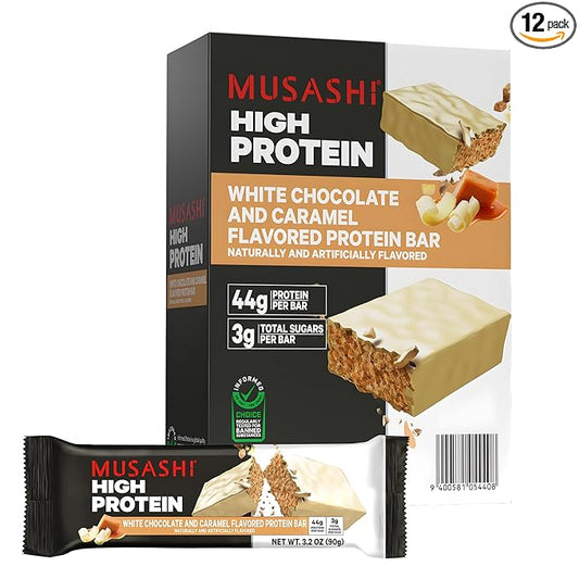 MUSASHI High Protein Bar, 45g Protein, 2g Total Sugars, White Chocolate Caramel, Post Workout and Protein Snack On The Go, 12 Pack of 3.2oz (90g) Bars