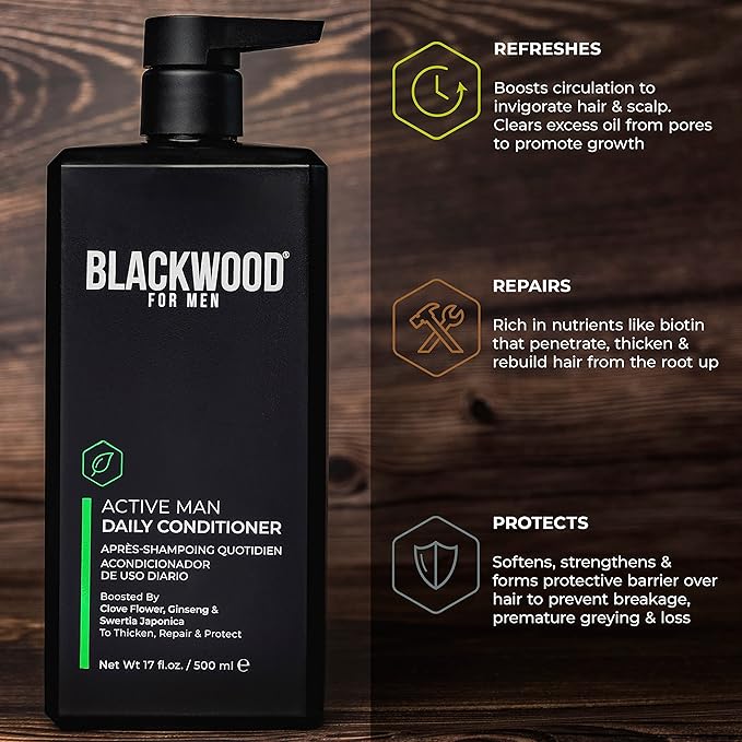 BLACKWOOD FOR MEN Active Man Daily Conditioner - Men's Thickening Conditioner for Hair Loss & Dandruff - Deep Treatment for Shine - Natural Vegan Formula - Sulfate, Paraben, & Cruelty-Free (17 Oz)