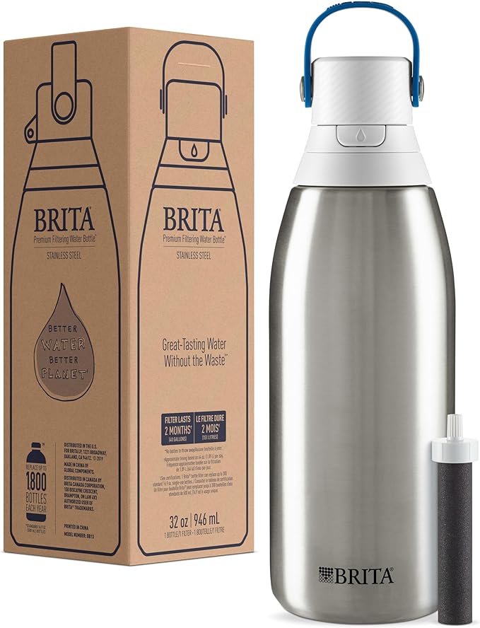 Brita Stainless Steel Premium Filtering Water Bottle, BPA-Free, Reusable, Insulated, Replaces 300 Plastic Water Bottles, Filter Lasts 2 Months or 40 Gallons, Includes 1 Filter, Stainless - 32 oz.