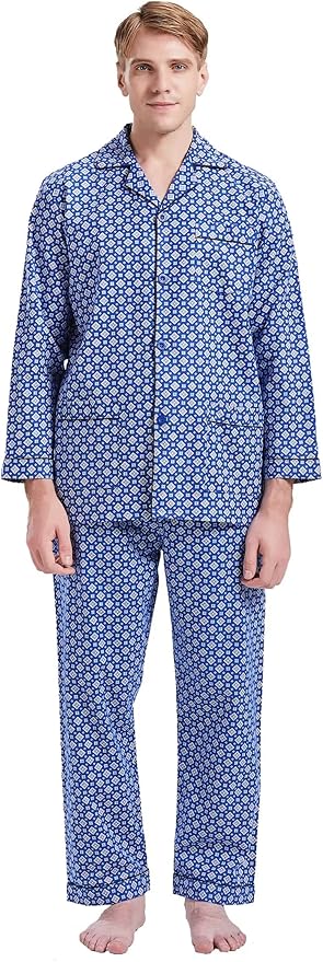 GLOBAL Men's Pajamas Sets 100% Cotton Flannel Sleepwear Long-Sleeve top & Bottom
