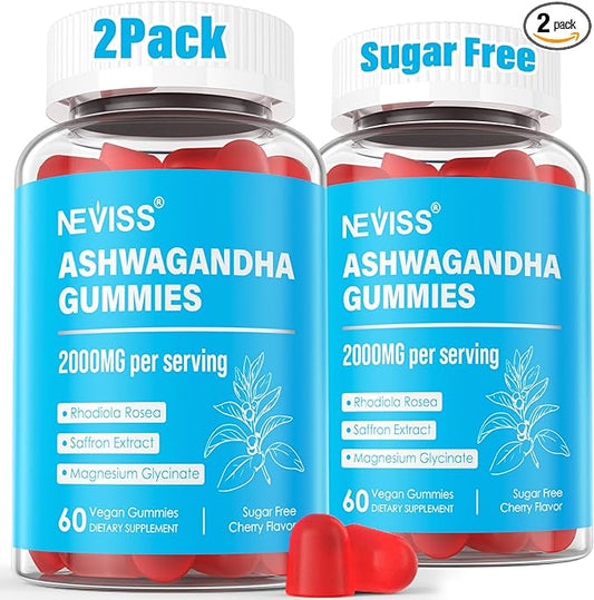 Ashwagandha Gummies, Magnesium Glycinate Gummies 2000mg for Adults, Vitamin B6, Zinc, Rhodiola Rosea, Lemon Balm, Relaxation Support, Natural Zzz, Brain, Muscle, Stamina, Energy, Sugar Free