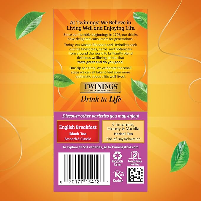 Twinings Darjeeling Black Tea Individually Wrapped Bags, 20 Count (Pack of 1), Delicate Light Taste, Caffeinated, Enjoy Hot or Iced, 20 Teabags